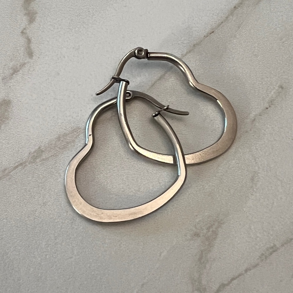 Silver Heart Hoop Earrings, approximately 1 inch